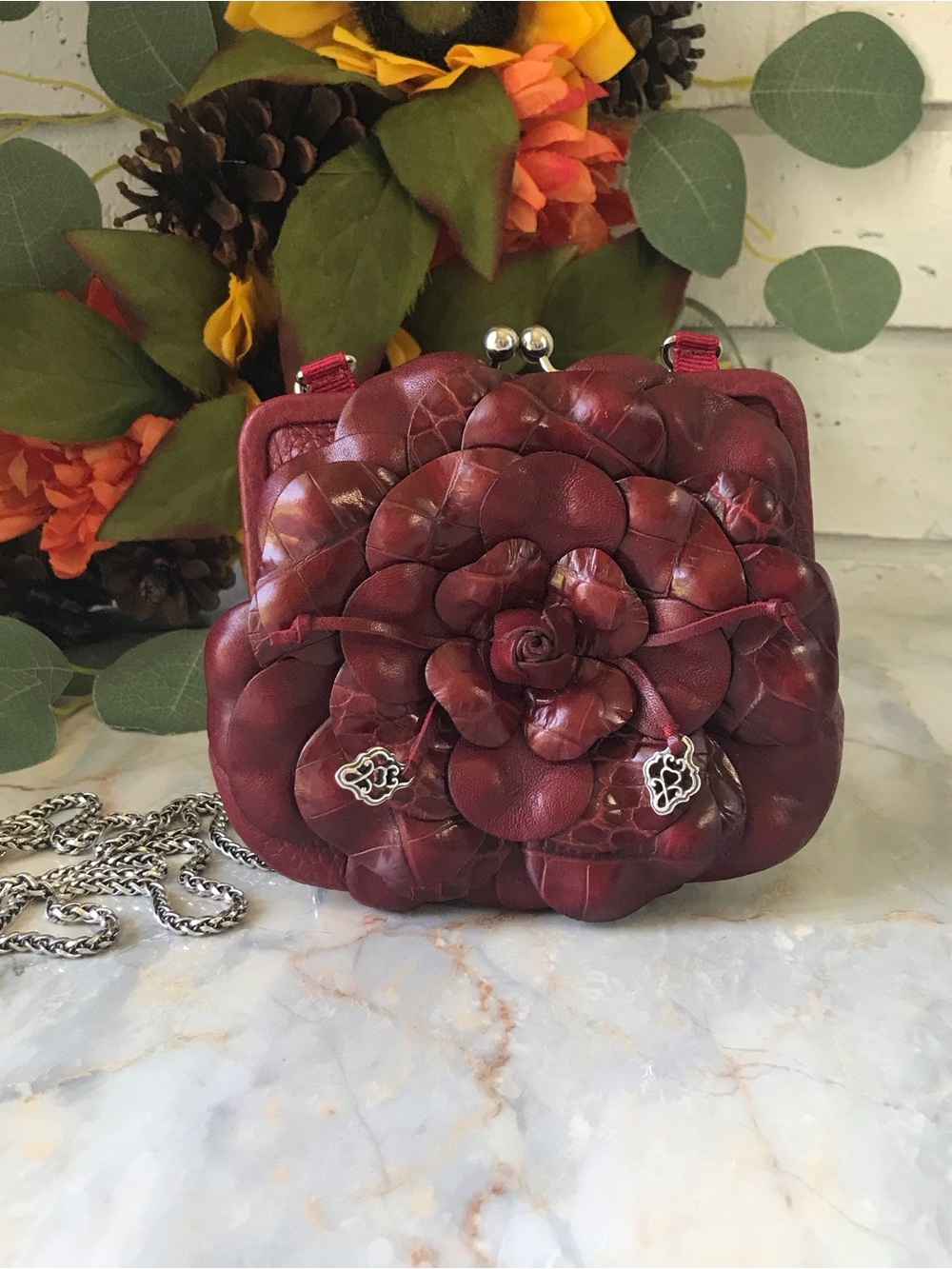 Brighton Red Leather Mini Bag Kiss Lock Floral Rosette Chain Strap Purse